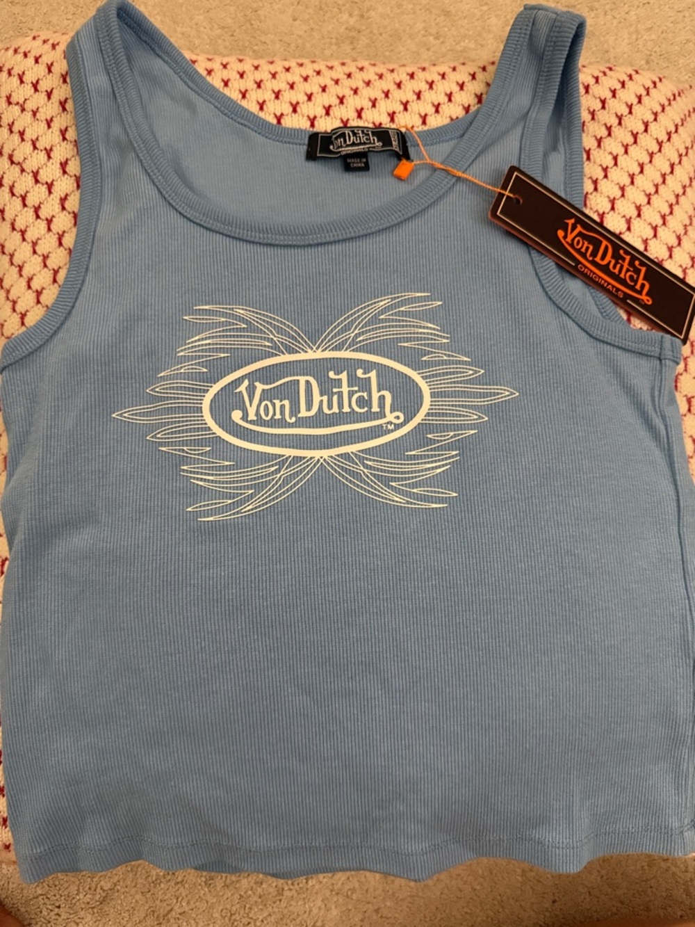 Von Dutch Light Blue Ribbed Tank with White Logo